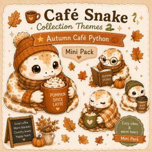 Autumn Café Python Sticker Sheet | Cozy Snake Planner Stickers | GoodNotes Digital Stickers | Cute Fall Café PNG Pack | Mini Sticker Bundle