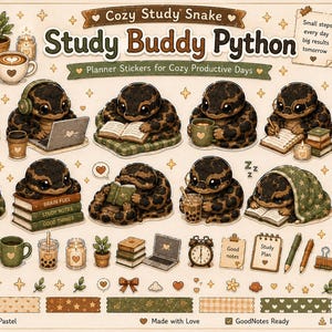 Study Buddy Python Sticker Sheet for GoodNotes | Black Pastel | Kawaii Study Snake PNG | Cute Planner Stickers Digital Download