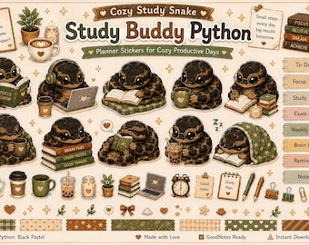 Study Buddy Python Sticker Sheet for GoodNotes | Black Pastel | Kawaii Study Snake PNG | Cute Planner Stickers Digital Download