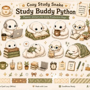 Study Buddy Python Sticker Sheet for GoodNotes | Blue Eyed Lucy (BEL) | Kawaii Study Snake PNG | Cute Planner Stickers Digital Download