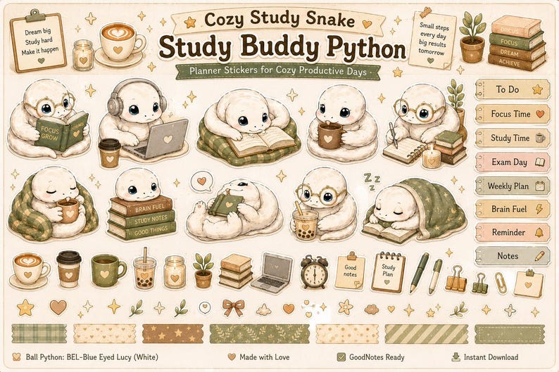 Study Buddy Python Sticker Sheet for GoodNotes | Blue Eyed Lucy (BEL) | Kawaii Study Snake PNG | Cute Planner Stickers Digital Download image 1