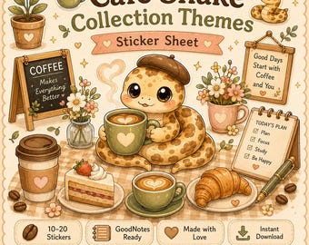 Cafe Snake Collection Sticker Sheet for GoodNotes | Cozy Kawaii Snake PNG | Cute Coffee Planner Stickers