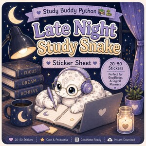 Study Buddy Python Sticker Blatt für GoodNotes | Späte Nachtstudie Bel | Niedliche Planer Sticker Digital Download