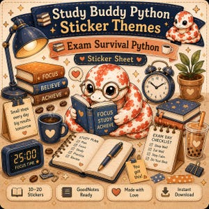 Study Buddy Python Sticker Sheet for GoodNotes | Exam Survival Python OD | Cute Planner Stickers Digital Download