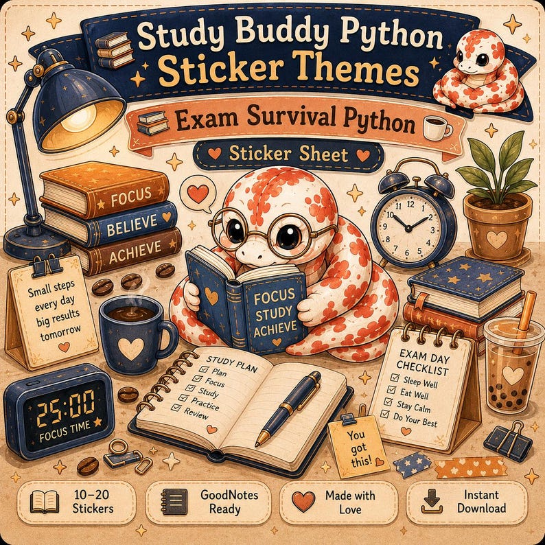 May include: Digital sticker sheet with a study theme. The design features a cartoon snake wearing glasses and reading a book. Other elements include books, a coffee cup, a clock, and the text "Study Buddy Python Sticker Themes."