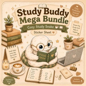 Study Buddy Python Sticker Sheet for GoodNotes | Blue Eyed Lucy (BEL) | Kawaii Study Snake PNG | Cute Planner Stickers Digital Download