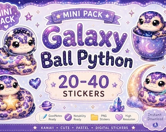 Galaxy Ball Python Digital Stickers for GoodNotes | Cosmic Snake Planner PNG | Kawaii Space Sticker Mini Pack