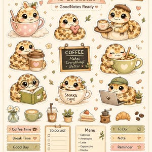 Foglio di adesivi Cafe Snake Collection per GoodNotes / Serpente Kawaii accogliente PNG / Adesivi carini per agenda a tema caffè