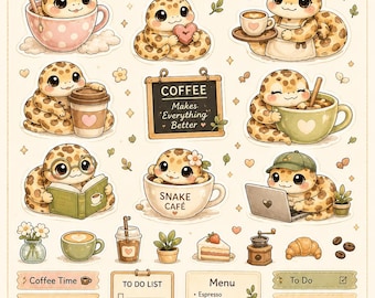 Cafe Snake Collection Sticker Sheet for GoodNotes | Cozy Kawaii Snake PNG | Cute Coffee Planner Stickers