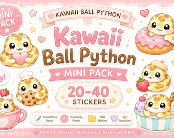 Kawaii Ball Python Digital Stickers for GoodNotes | Cute Snake Planner PNG | Pastel Kawaii Sticker Mini Pack