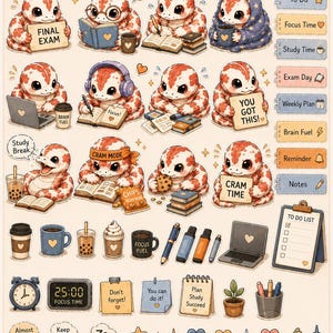 May include: A sticker sheet labelled "Exam Survival Python" with cartoon pythons studying, and phrases like "Final Exam", "Brain Fuel", and "Cram Time". Includes study-themed icons and phrases for exam preparation.
