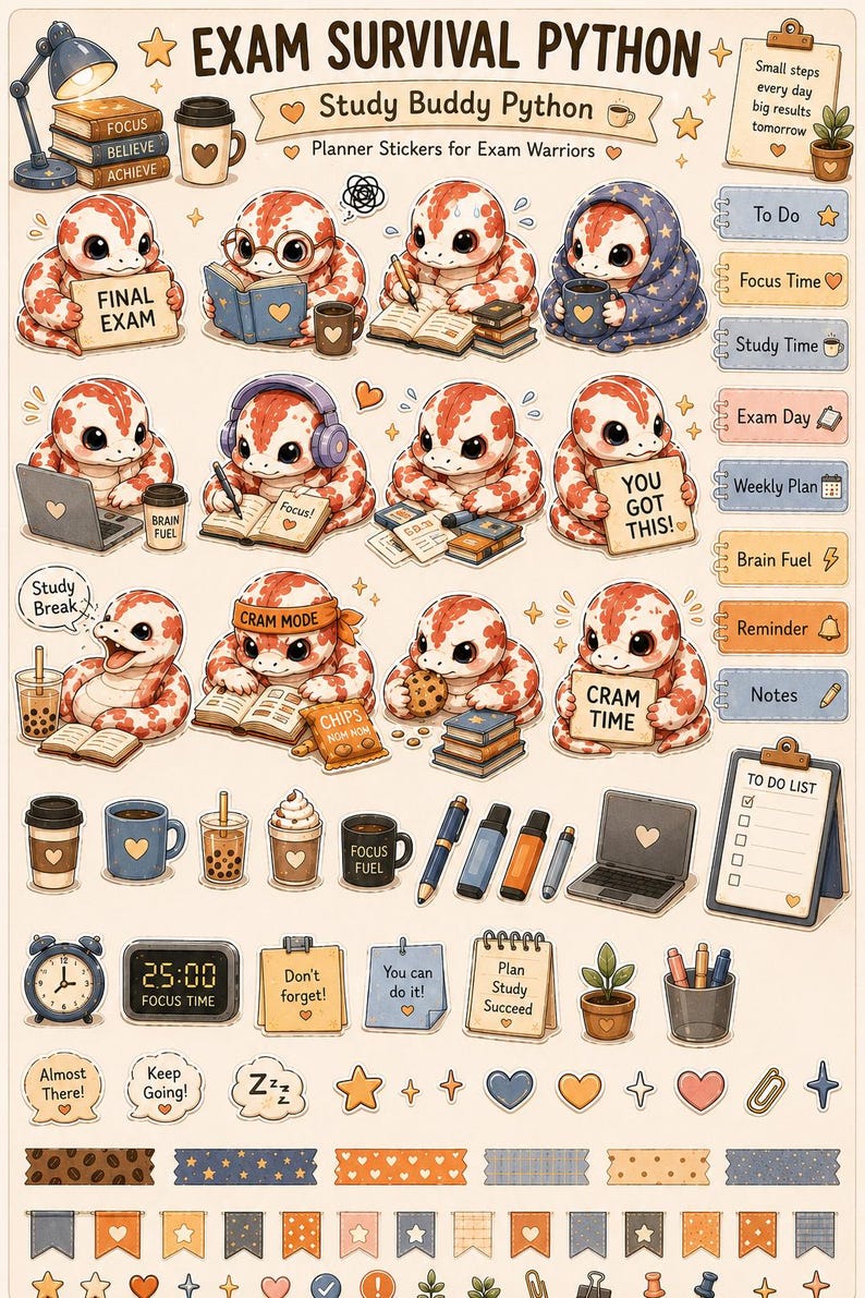 May include: A sticker sheet labelled "Exam Survival Python" with cartoon pythons studying, and phrases like "Final Exam", "Brain Fuel", and "Cram Time". Includes study-themed icons and phrases for exam preparation.