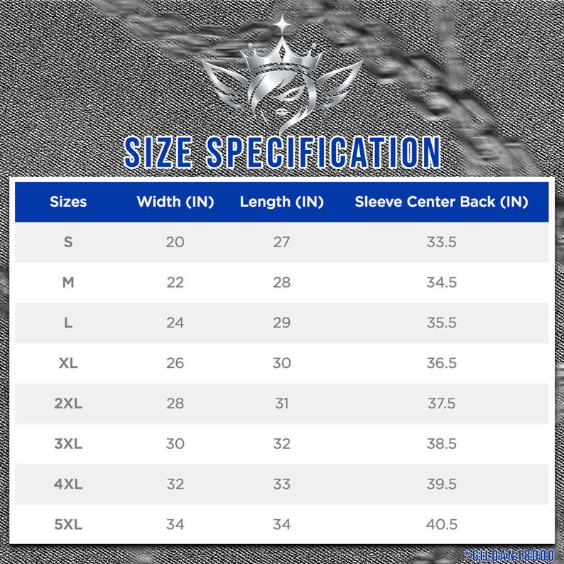 K&ouml;nnte beinhalten: Eine Gr&ouml;&szlig;enspezifikationstabelle f&uuml;r ein Kleidungsst&uuml;ck mit Ma&szlig;en in Zoll. Die Tabelle enth&auml;lt die Gr&ouml;&szlig;en S bis 5XL und gibt Breite, L&auml;nge und &Auml;rmelmitte hinten an. Der Text "SIZE SPECIFICATION" wird oben angezeigt.