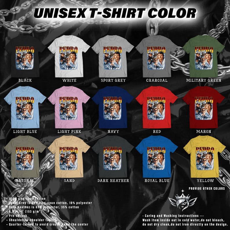 K&ouml;nnte beinhalten: Eine Auswahl an Unisex-T-Shirts in verschiedenen Farben, darunter Schwarz, Wei&szlig; und Marine. Jedes Shirt zeigt ein Grafikdesign mit dem Text "PEDRO" und einem Bild im Vintage-Stil. Die T-Shirts bestehen aus Baumwolle und Polyester.