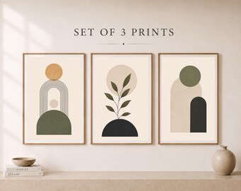 Set di stampe murali geometriche moderne e organiche, stampe giapponesi verde oliva (download digitale)