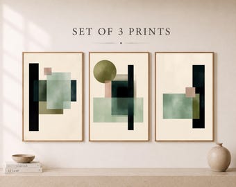 Set di 3 stampe geometriche, composizione astratta verde oliva per parete (download digitale)