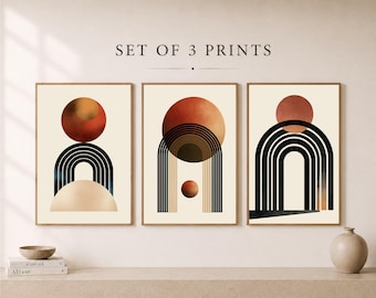 3 stampe ad arco geometrico, arte astratta giapponese da parete, arredamento moderno di metà secolo (download digitale)