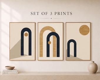 Set di 3 stampe minimaliste ad arco, arte astratta giapponese blu navy per pareti (download digitale)