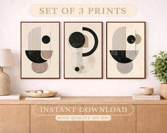 Set di 3 stampe geometriche da parete, in stile Mid-Century, beige e nero (download digitale)