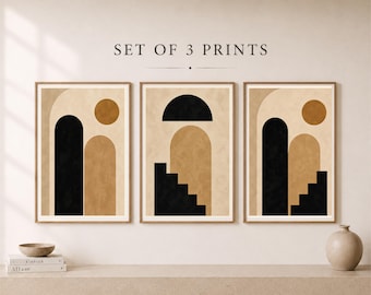 Set di stampe murali Japandi Arch, stampe astratte neutre, decorazioni minimaliste in nero e beige (download digitale)