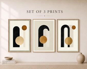 Set di 3 stampe artistiche geometriche da parete, decorazioni astratte nere e beige (download digitale)