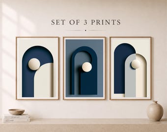 Set di stampe murali geometriche blu navy, stile scandinavo astratto moderno (download digitale)