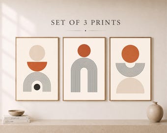 Set di 3 stampe geometriche in terracotta, decorazioni murali moderne di metà secolo in stile giapponese (download digitale)