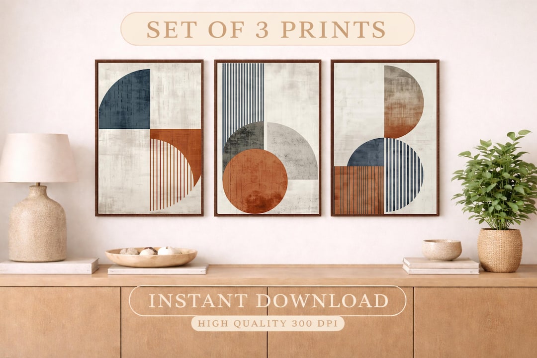 Set of 3 Mid Century Modern Prints, Abstract Geometric Boho Wall Art ...