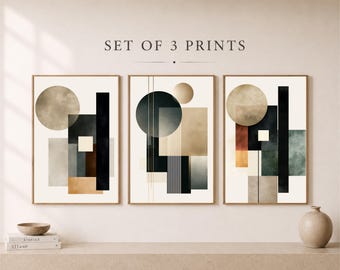 Set di 3 stampe geometriche, quadri astratti neutri da parete, beige e nero (download digitale)