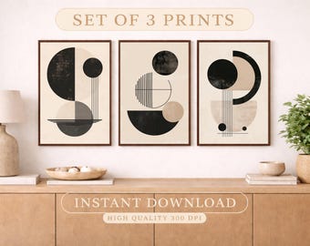 Set di 3 stampe geometriche, arte astratta nera e beige, stile scandinavo giapponese (download digitale)
