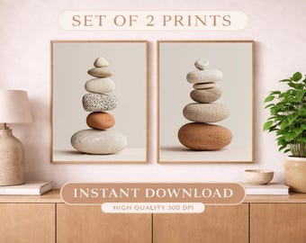 Set di 2 stampe di equilibrio in pietra, arte murale minimalista e neutra in stile giapponese (download digitale)