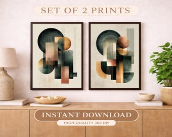 Set di 2 stampe astratte geometriche, arte moderna minimalista beige, nera e terracotta (download digitale)