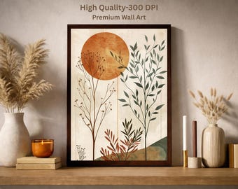 Stampa artistica minimalista "Tramonto botanico" di Japandi, Sole in terracotta (download digitale)