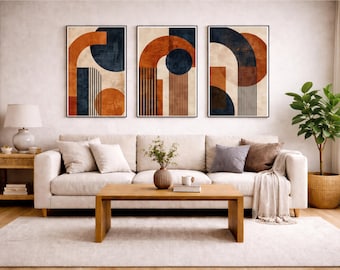 Set di 3 stampe astratte, decorazioni murali in terracotta blu navy in stile Mid-Century Modern (download digitale)