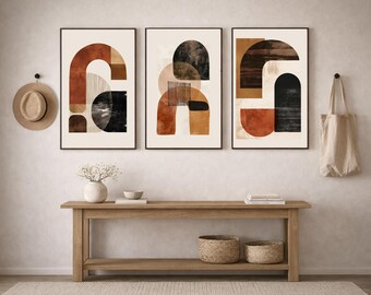 Set di 3 stampe astratte geometriche, poster boho scandinavo di metà secolo (download digitale)