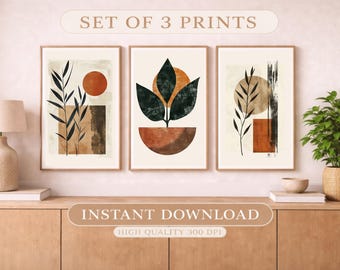 Set di 3 stampe botaniche in stile boho, con motivi astratti di foglie in terracotta (download immediato)