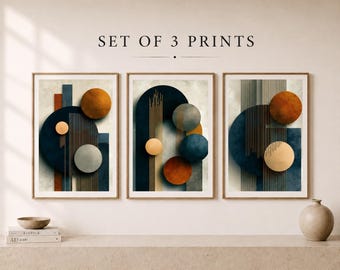 Set di 3 stampe astratte geometriche, arte murale Japandi in terracotta blu navy (download digitale)