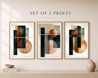 Set di 3 stampe astratte geometriche, stile Mid-Century Modern, perfette per decorare le pareti di una galleria d'arte (download digitale)