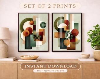 Set di 2 stampe geometriche in stile Mid-Century Modern, decorazioni murali astratte e neutre (download immediato)