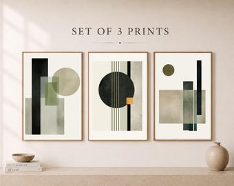 Set di 3 stampe geometriche, verde oliva, stile Mid-Century Japandi, decorazioni murali (download digitale)