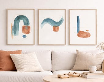 Set di 3 stampe astratte ad acquerello / Arte murale minimalista blu e terracotta / Decorazione moderna stampabile