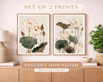 Set di 2 stampe botaniche di loto, arte murale minimalista giapponese (download digitale)