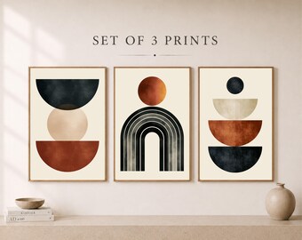 Set di 3 quadri da parete geometrici in terracotta stile Japandi, ispirati al design moderno di metà secolo (download digitale)