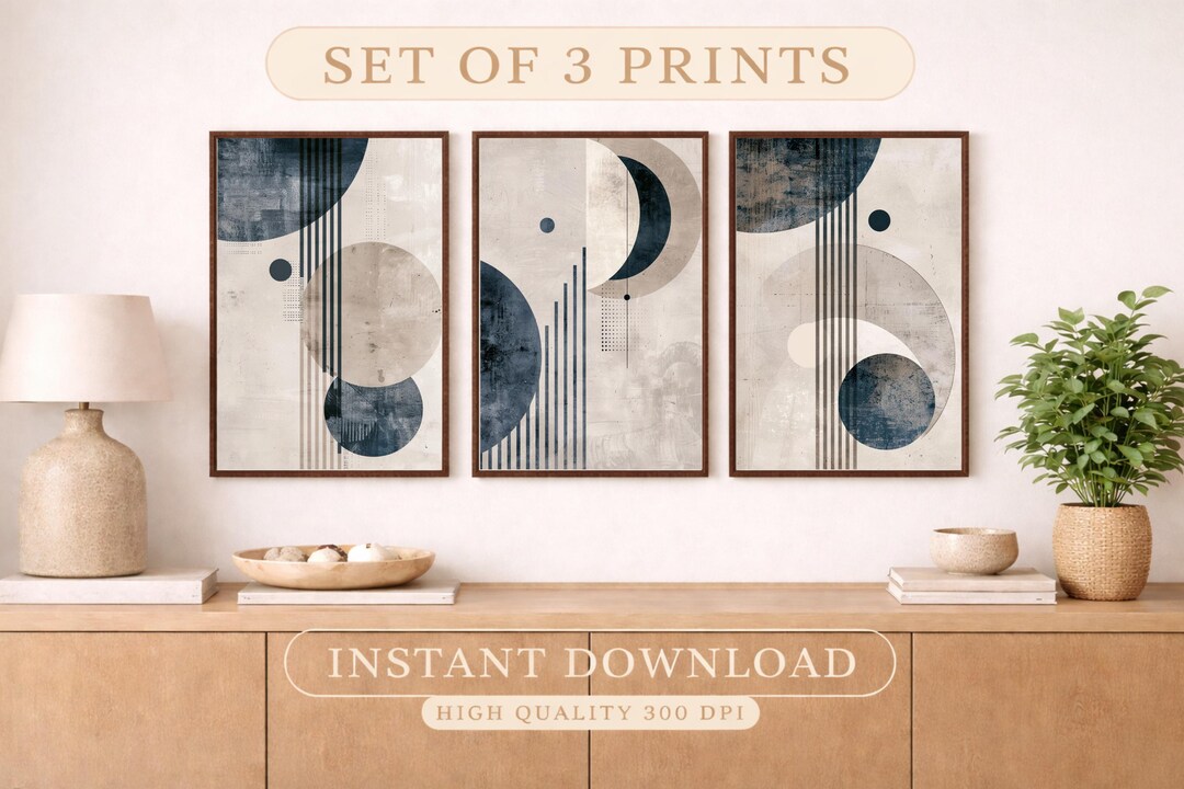 Mid Century Modern Wall Art Set of 3 Prints, Neutral Navy Beige ...
