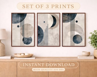 Set di 3 stampe in stile Mid-Century Modern, decorazioni murali geometriche blu navy e beige (download digitale)