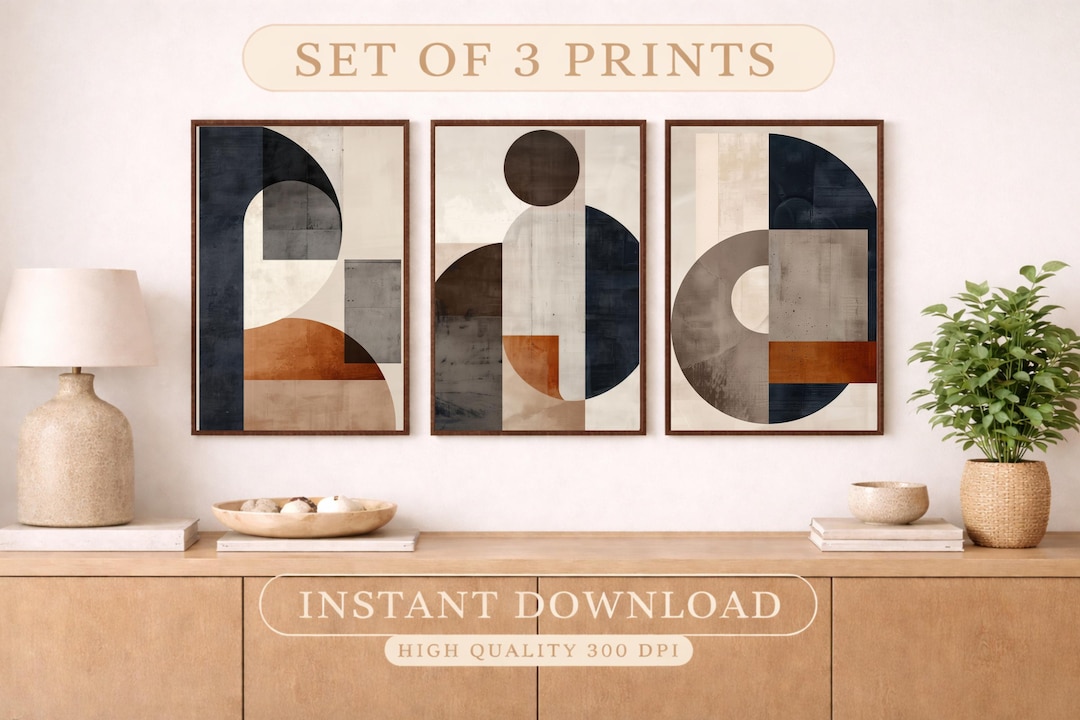 Set of 3 Mid Century Modern Prints, Abstract Geometric Neutral Decor ...