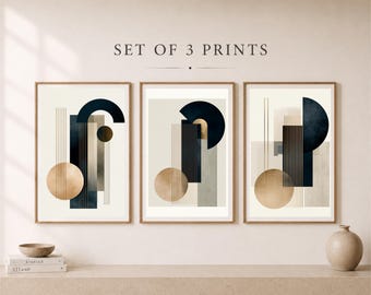 Set di 3 stampe geometriche, decorazione murale astratta in stile giapponese, blu navy e beige (download digitale)