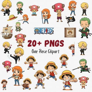May include: A collection of One Piece clipart images featuring various characters in a cartoon style. The images include characters like Luffy, Zoro, Nami, and Chopper, with a pirate ship and a wanted poster. Text on the image reads "20+ PNGs One Piece Clipart."