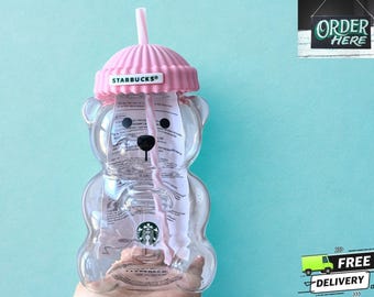 Starbucks Bear Tumbler with Pink Lid and Straw, Clear Plastic Cup