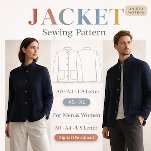 May include: A navy blue jacket sewing pattern with the word "JACKET" in large, colorful letters. The image includes a line drawing of the jacket and two people wearing the jacket. Text on the image includes "UNISEX PATTERN", "XS-XL", and "Digital Download".
